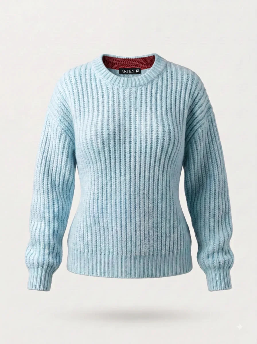 Suéter de tricô Inglês, azul tiffany, feminino, still de produto sobre fundo claro.