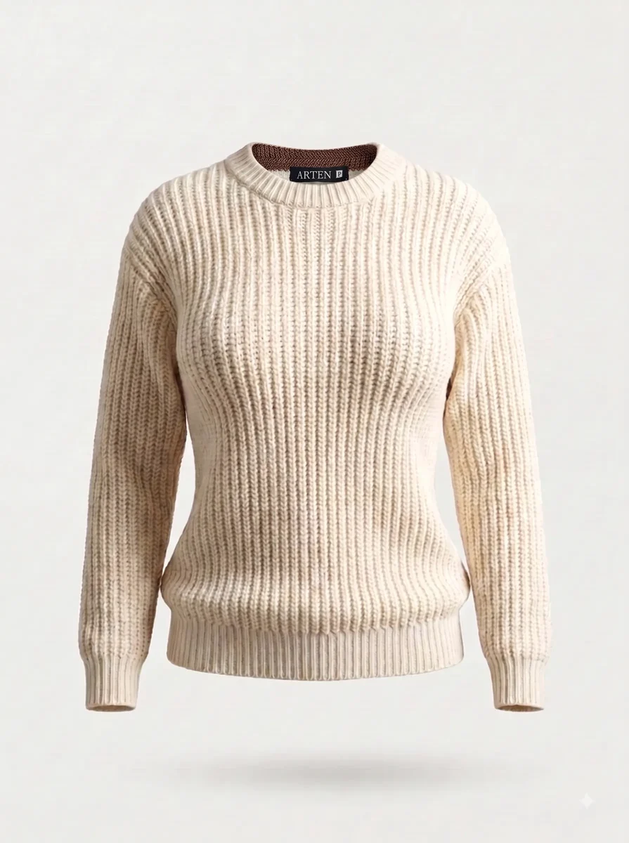 Suéter de tricô Inglês, off-white, feminino, still de produto sobre fundo claro.