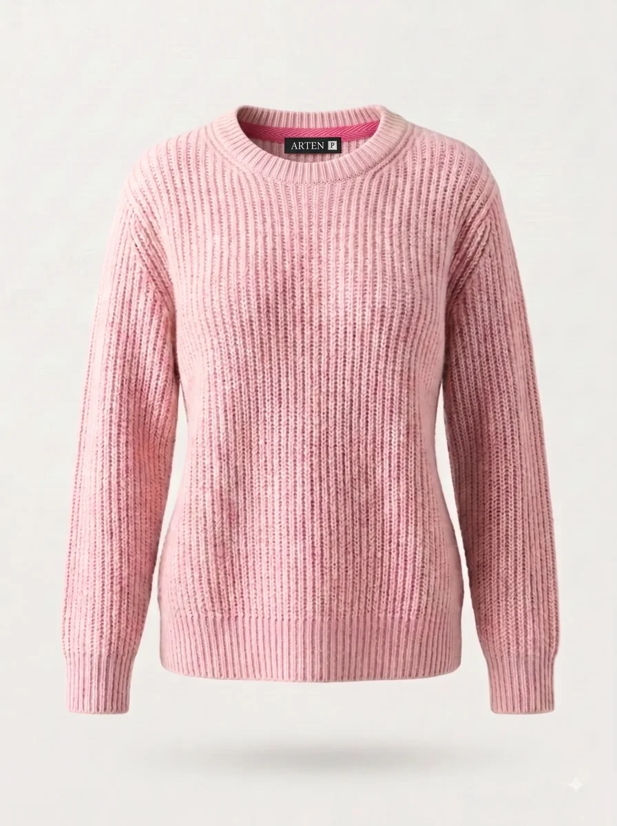 Suéter de tricô Inglês, rosa tiffany, feminino, still de produto sobre fundo claro.