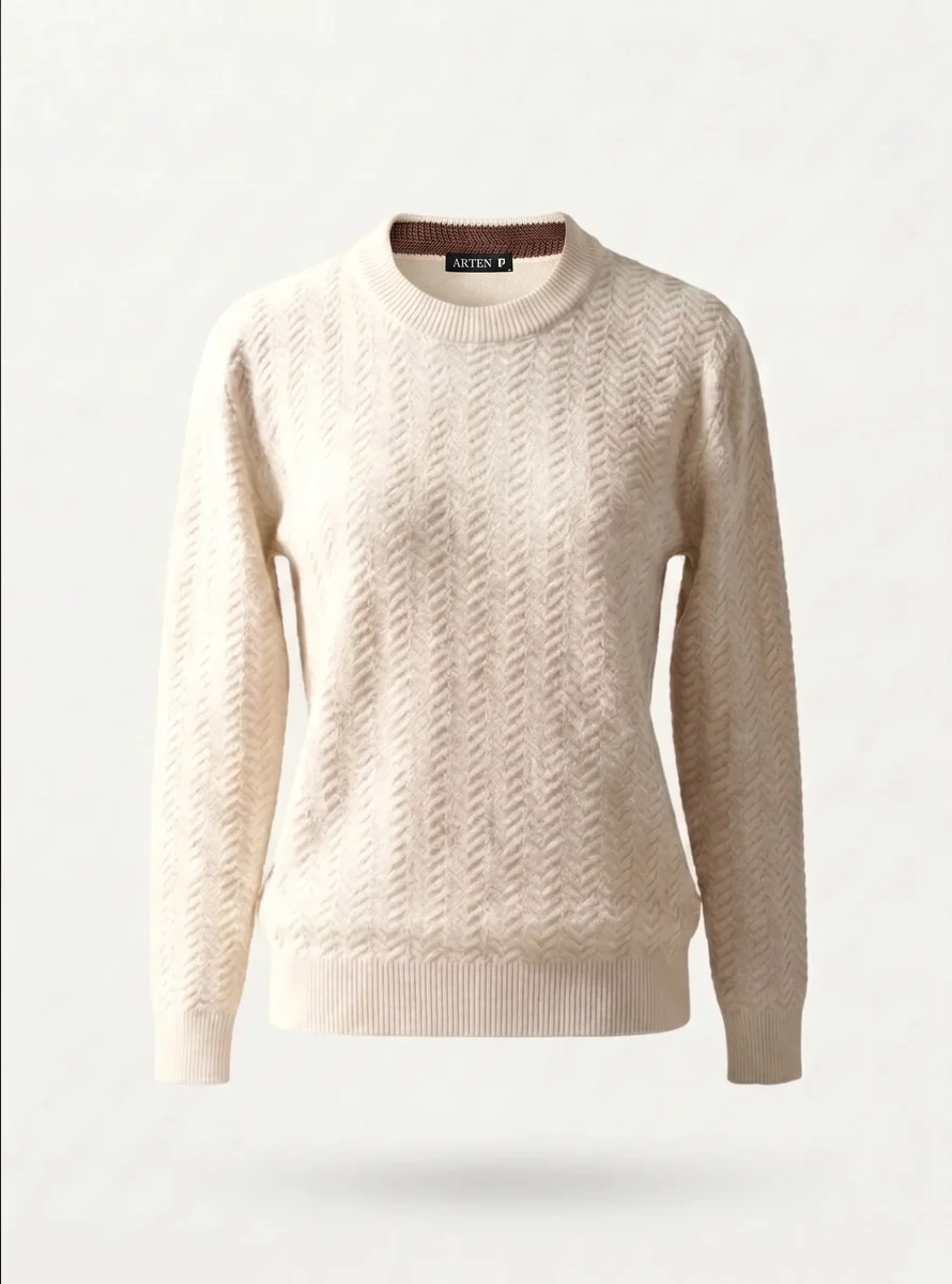 Suéter de tricô Origami, off-white, feminino, still de produto sobre fundo claro.