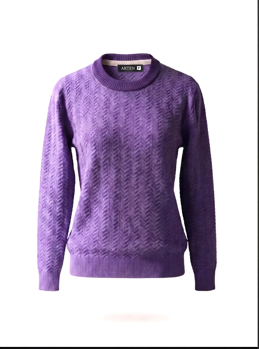 Suéter de tricô Origami, roxo, feminino, still de produto sobre fundo claro.