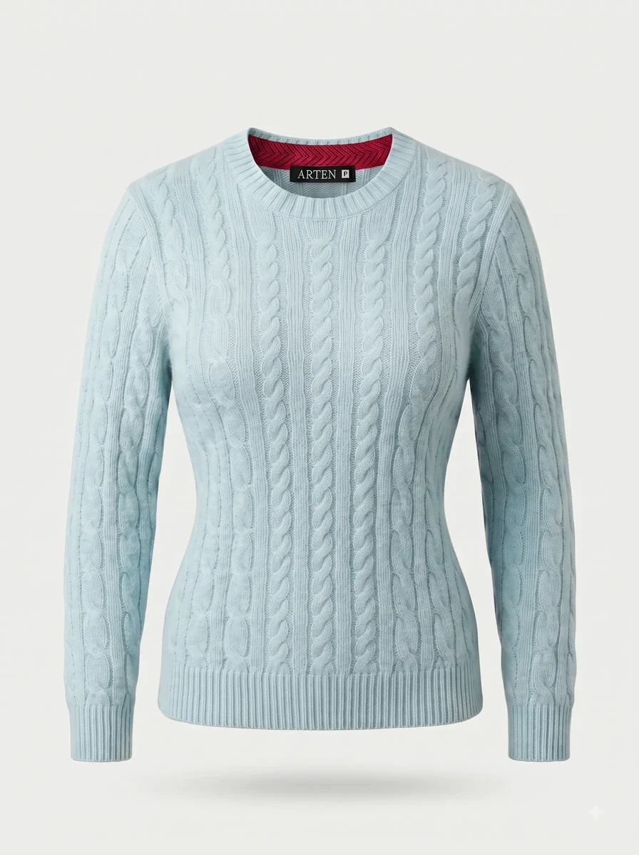 Suéter de tricô Trança, azul tiffany, feminino, still de produto sobre fundo claro.