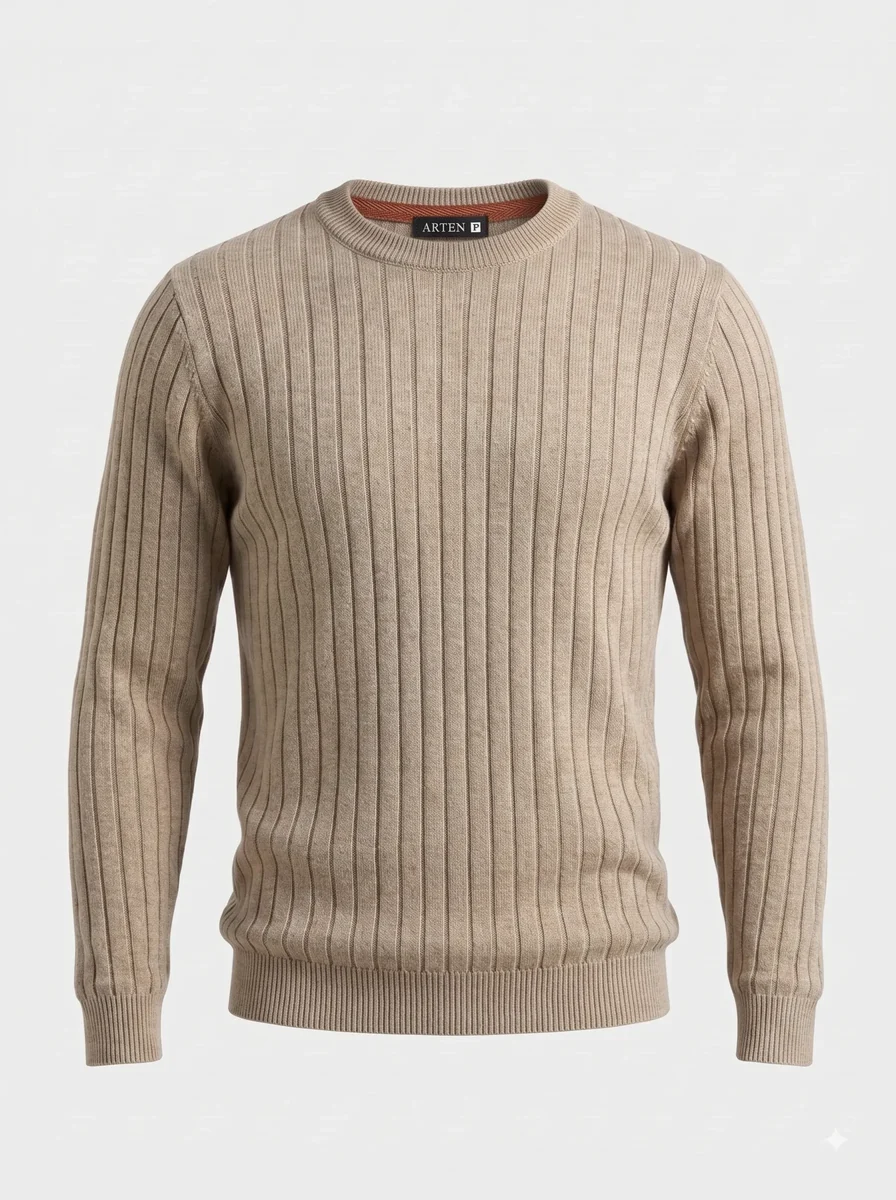 Suéter de tricô Canelada, bege, masculino, still de produto sobre fundo claro.