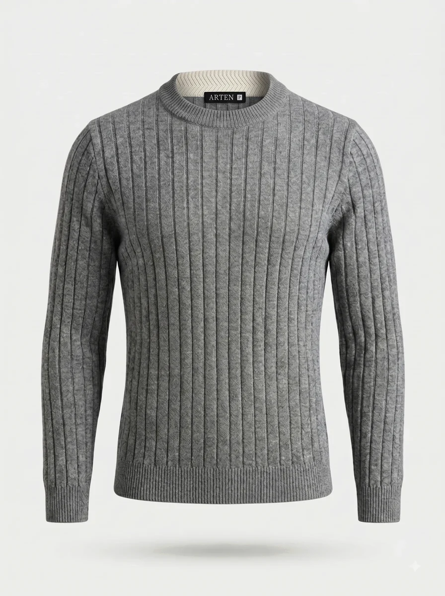 Suéter de tricô Canelada, cinza, masculino, still de produto sobre fundo claro.