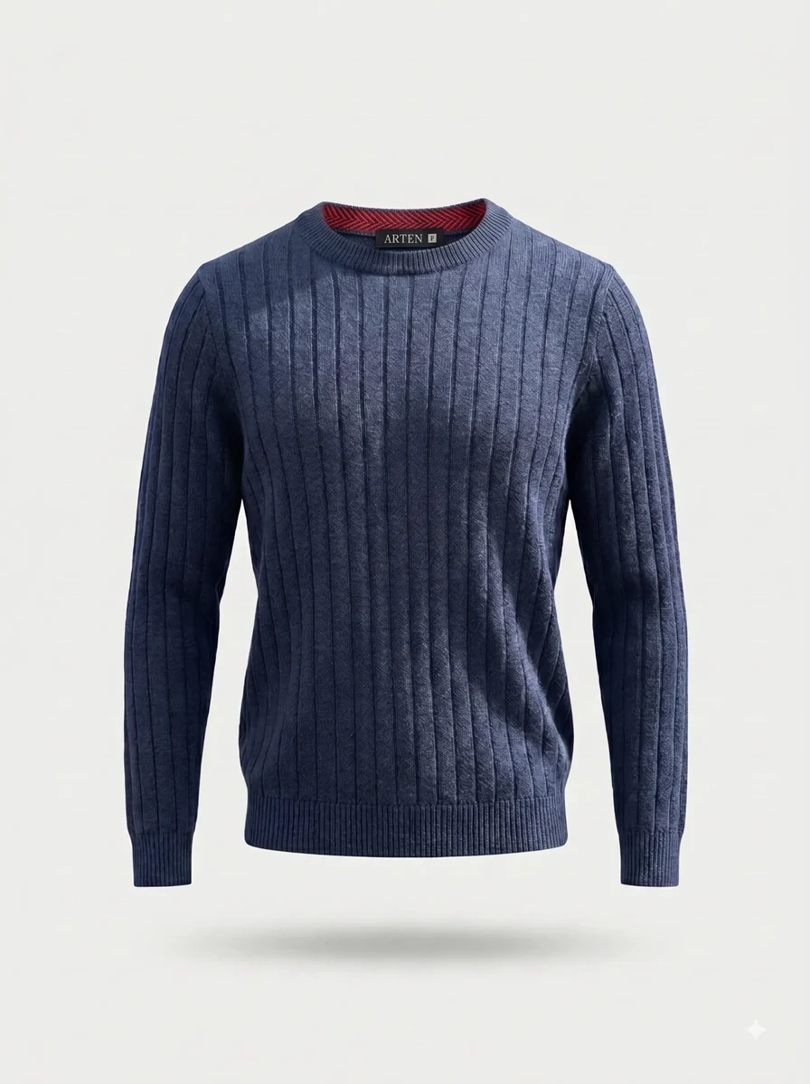 Suéter de tricô Canelada, azul-marinho, masculino, still de produto sobre fundo claro.