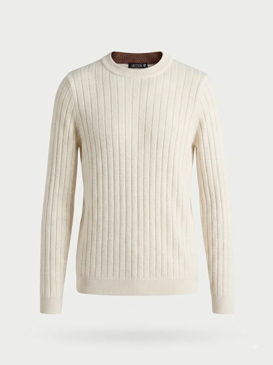 Suéter de tricô Canelada, off-white, masculino, still de produto sobre fundo claro.