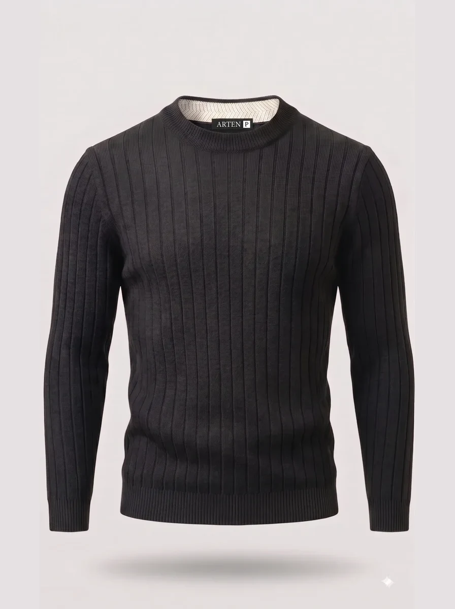 Suéter de tricô Canelada, preto, masculino, still de produto sobre fundo claro.