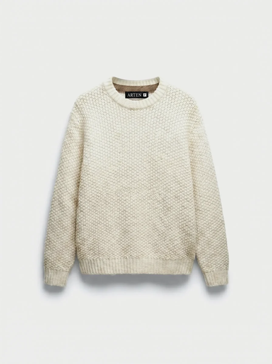 Suéter de tricô Riz, off-white, masculino, still de produto sobre fundo claro.
